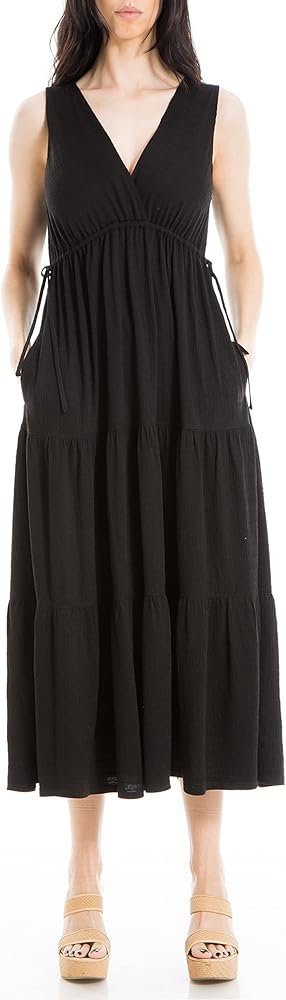 MAX Studio V-Neck Tiered Maxi Dress Black Model Wearing