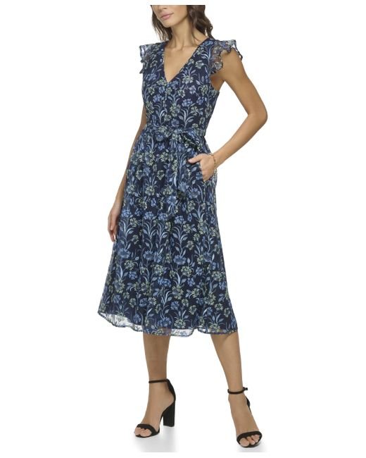 MAX Studio sleeveless navy blue wrap midi dress with flutter sleeves
